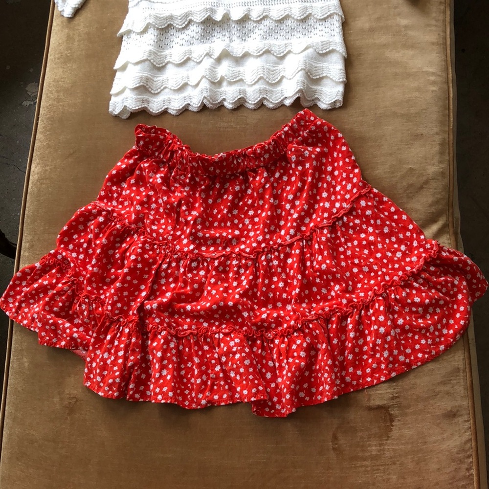 Red Coral Floral Ruffle rayon Skirt Half circle elastic sheared waist for any sz